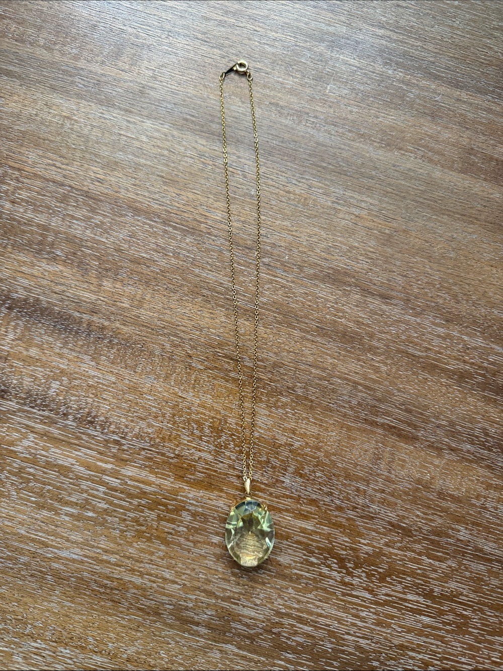Gold Chain Necklace with Pale Green Faceted Pendant